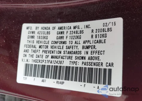 2015 Honda Accord Lx z USA, uszkodzony, nr VIN 1HGCR2F37FA124397